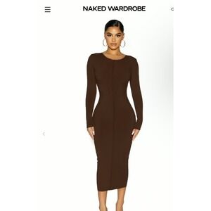 Naked Wardrobe Long Sleeve Ribbed sculpt Midi Dress Brown Size L